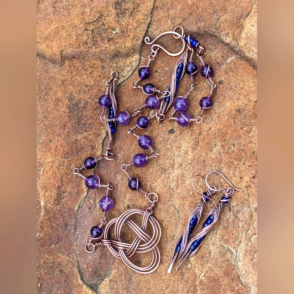 Celtic Jewelry Set Necklace and Earrings Amethyst Gemstone Beads Evening Artisan - Picture 8 of 14